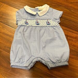 JoJo Maman Bebe blue plaid embroidered sailboat short sleeve romper
